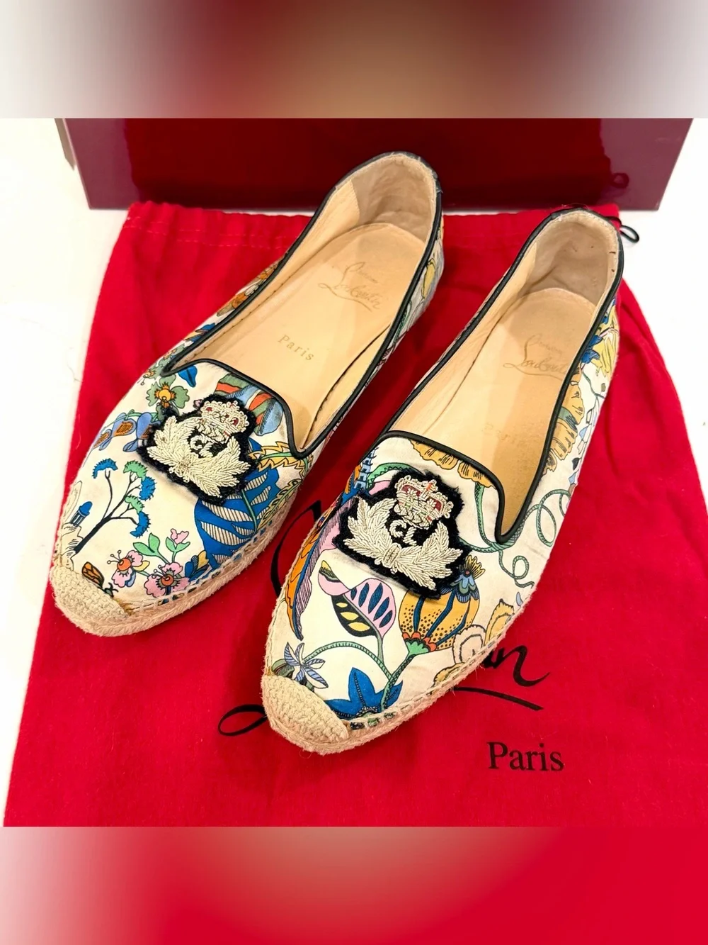 Christian Louboutin Floral Crest Silk Espadrille Slip-On Loafers EU 39 - Custom
